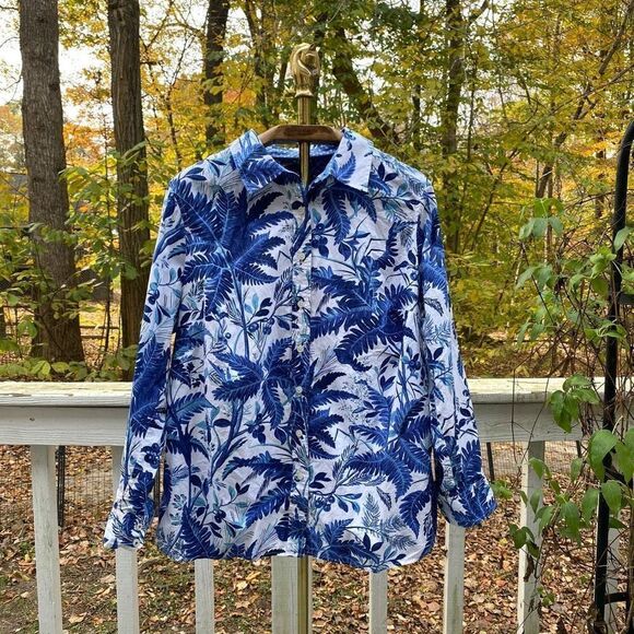 Talbots Blue White Tropical Button Up Blouse - Picture 1 of 8